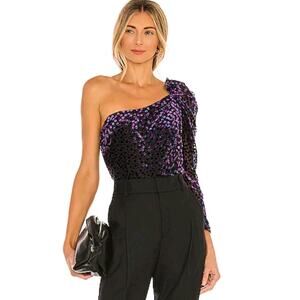 Revolve ASTR Isolde One Shoulder Bodysuit Top Velvet Dot Ruffle Sz S Party Event